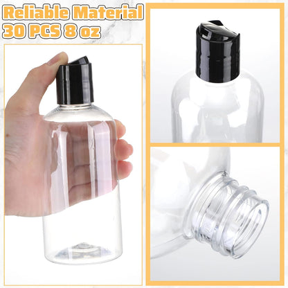 Irenare 30 Pcs 8 oz Clear Plastic Travel Bottles with Black Disc Cap