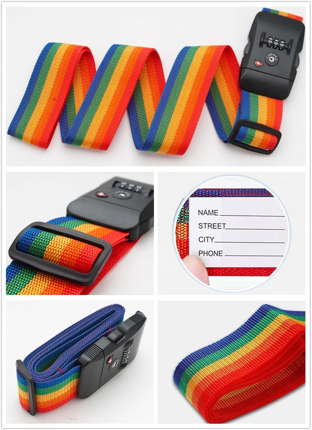 Travel Luggage Strap Adjustable Suitcase Packing Belt with TSA Combination Lock(Rainbow 2 Pack)