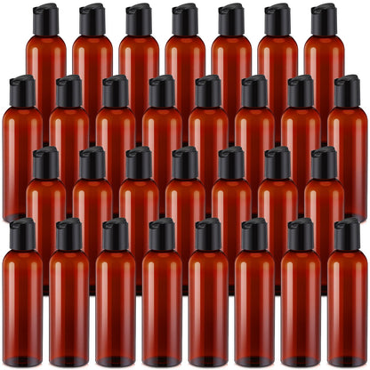 Mimorou 30 Pack Amber Empty Bottles Plastic Squeeze Bottles with Disc Top Flip Cap Small Empty Travel Squeeze Bottle for Lotions Liquid Body Soap Conditioner Creams(6.8 oz)