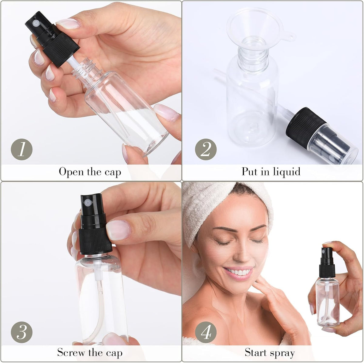 Maxcheck 200 Pcs Mini Clear Spray Bottles 1 oz Plastic Empty Travel Bottle Fine Mist Small Spray Containers with 5 Pcs Funnels Refillable Liquid Travel Container for Perfume Skin Toner (Black)