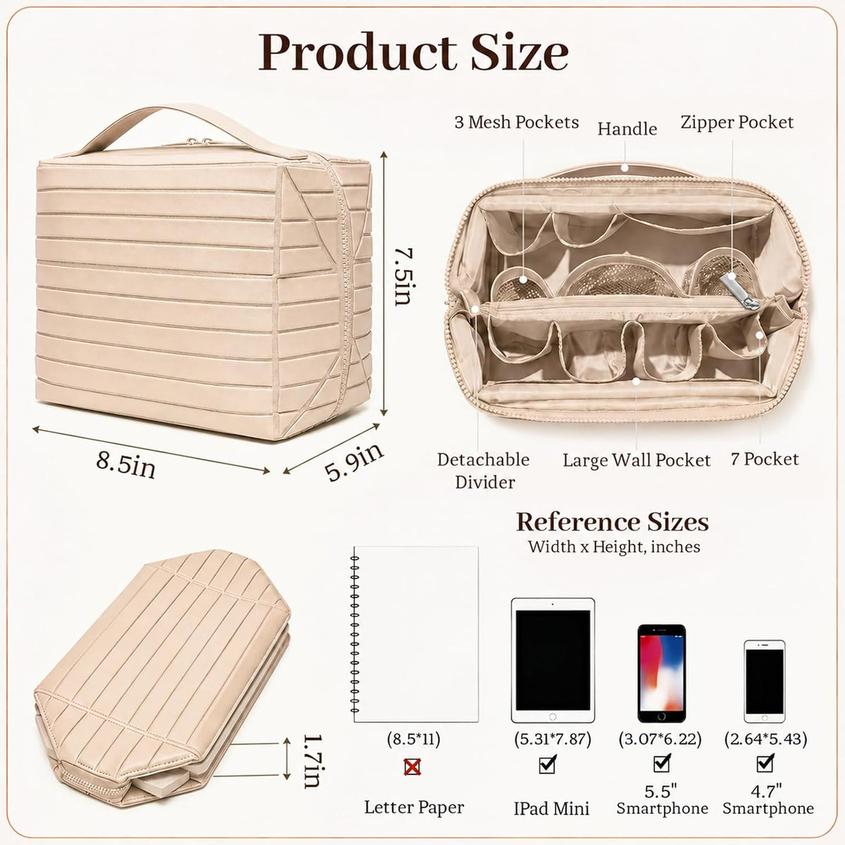 Travel Makeup Bag, Fold Down Stand Up Organizer with Dividers