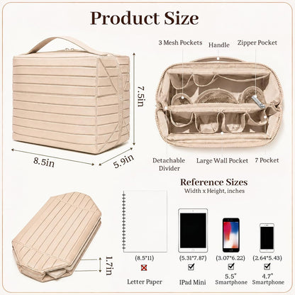 Travel Makeup Bag, Fold Down Stand Up Organizer with Dividers