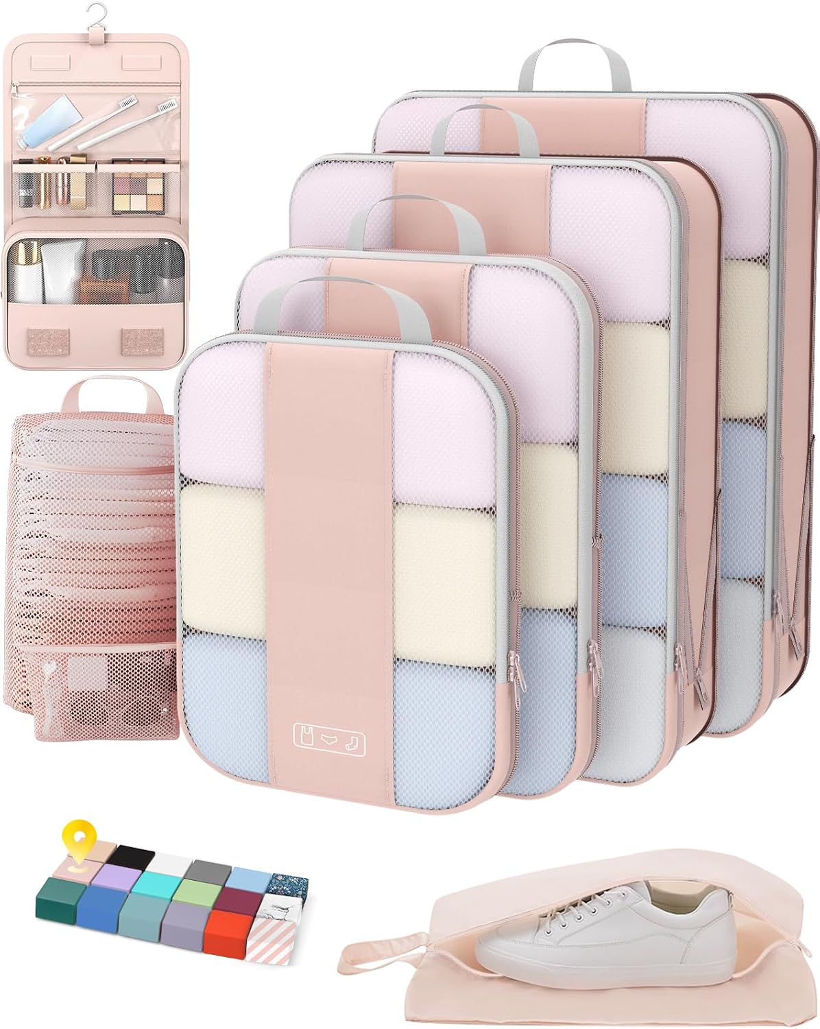 OlarHike 8 Set Compression Packing Cubes for Travel Gifts Mom Women,Airplane/Car/Cruise Travel Essentials,Compressible Expandable Space Saver Bags,Garment Bags with Over 1000 pcs Mesh Holes(Beige)