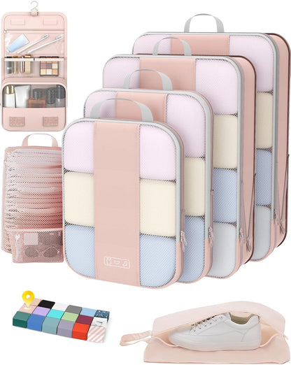 OlarHike 8 Set Compression Packing Cubes for Travel Gifts Mom Women,Airplane/Car/Cruise Travel Essentials,Compressible Expandable Space Saver Bags,Garment Bags with Over 1000 pcs Mesh Holes(Beige)