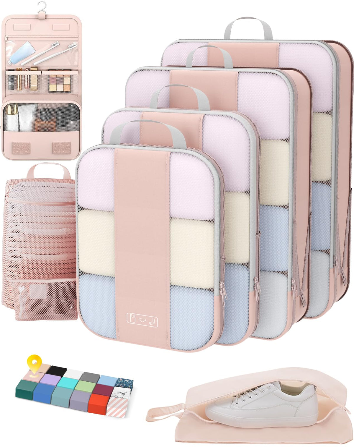 OlarHike 8 Set Compression Packing Cubes for Travel Gifts Mom Women,Airplane/Car/Cruise Travel Essentials,Compressible Expandable Space Saver Bags,Garment Bags with Over 1000 pcs Mesh Holes(Beige)