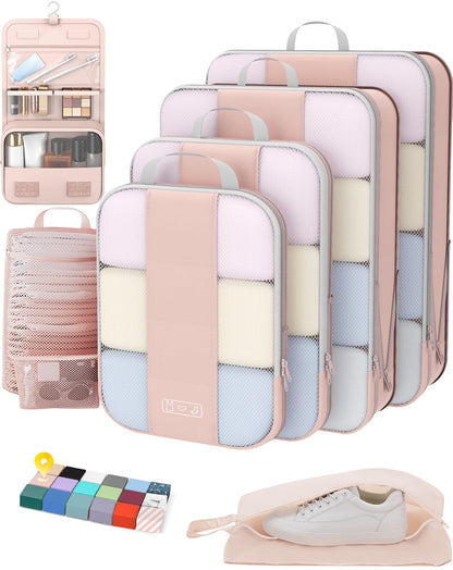 OlarHike 8 Set Compression Packing Cubes for Travel Gifts Mom Women,Airplane/Car/Cruise Travel Essentials,Compressible Expandable Space Saver Bags,Garment Bags with Over 1000 pcs Mesh Holes(Beige)