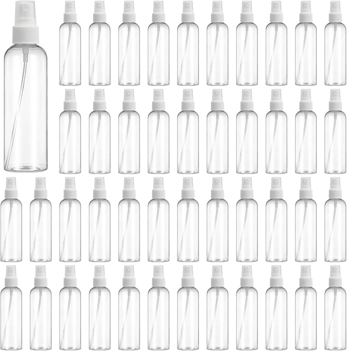 OMISTAR 48 Pcs 4 oz Plastic Spray Bottles - 120 ML Travel Size, Fine Mist Sprayers, Ideal for Perfumes, Cosmetics, Cleaning Solutions, and More, WhiteClear