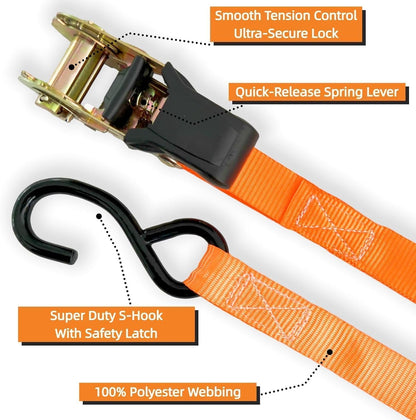 Ratchet Tie Down Straps 8PK, 1in x 16ft, 1740lb Break Strength