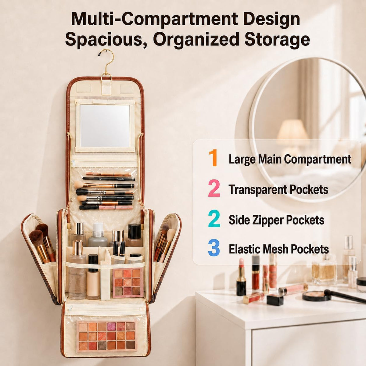 Women Travel Toiletry Bag Large Hanging Toiletry Bag with Mirror