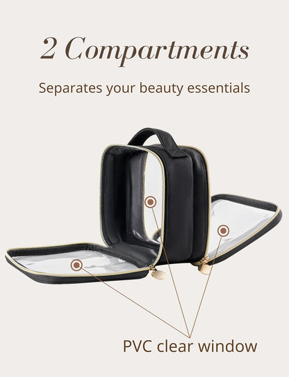 Yarnic Clear Travel Makeup Bag Transparent Cosmetic Pouch Portable Toiletry Bags Two Compartments Cosmetic Bag with Handle Nylon and PVC Make up Organizer