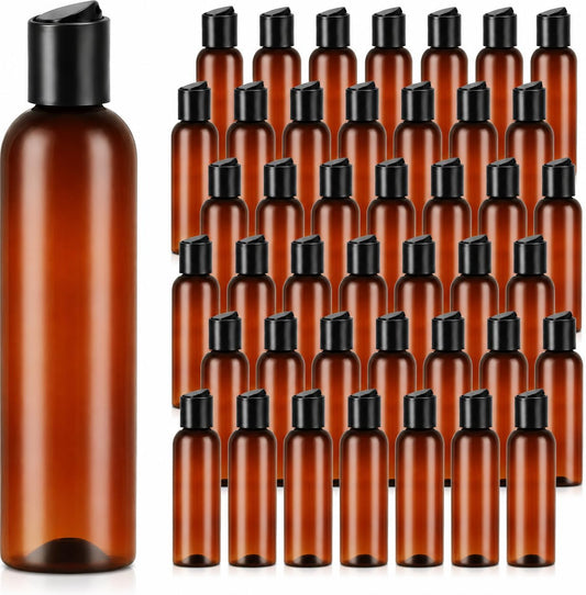 50 Pack 4oz Amber Empty Bottle Plastic Squeeze Bottles with Disc Top Flip Cap, Leakproof Refillable Travel Containers for Lotions Shampoo, Body Wash, Crafts and Toiletries