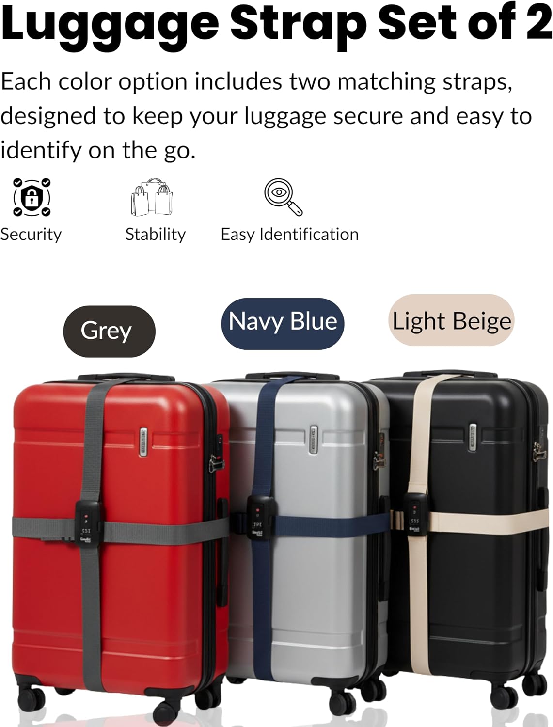 TSA Approved Luggage Straps Light Beige Set of 2 Anti-Burst Adjustable Polyester Suitcase Belts with 3-Dial Combination Lock, 190cm Heavy-Duty Travel Strap Prevents Accidental Opening