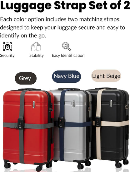 TSA Approved Luggage Straps Light Beige Set of 2 Anti-Burst Adjustable Polyester Suitcase Belts with 3-Dial Combination Lock, 190cm Heavy-Duty Travel Strap Prevents Accidental Opening