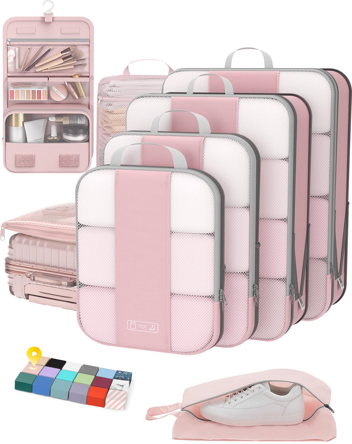 OlarHike 8 Set Compression Packing Cubes for Travel Gifts Mom Women,Airplane/Car/Cruise Travel Essentials,Compressible Expandable Space Saver Bags,Garment Bags with Over 1000 pcs Mesh Holes(Beige)