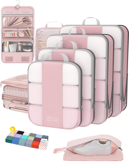 OlarHike 8 Set Compression Packing Cubes for Travel Gifts Mom Women,Airplane/Car/Cruise Travel Essentials,Compressible Expandable Space Saver Bags,Garment Bags with Over 1000 pcs Mesh Holes(Beige)