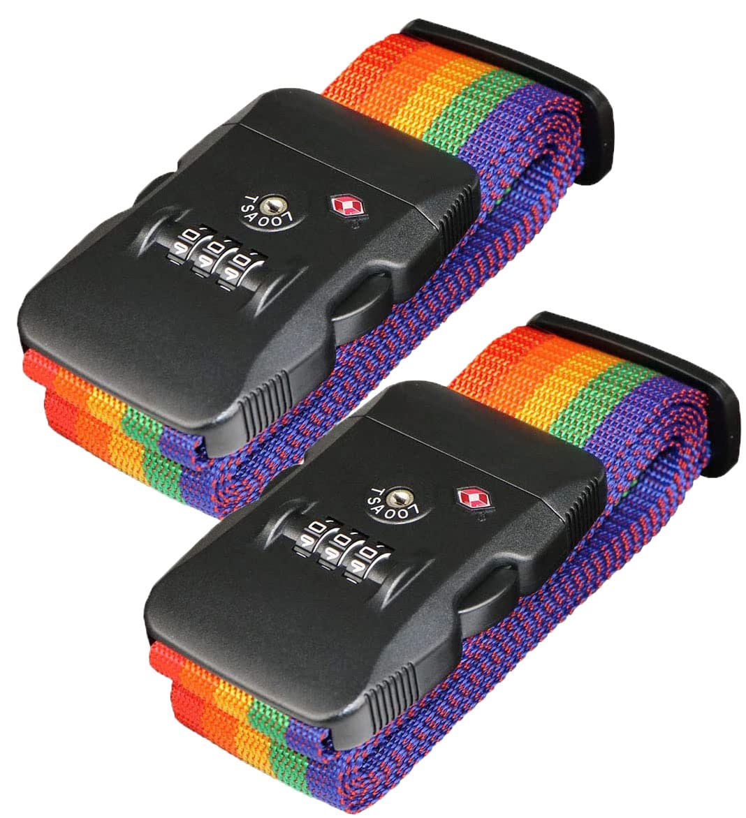 Travel Luggage Strap Adjustable Suitcase Packing Belt with TSA Combination Lock(Rainbow 2 Pack)