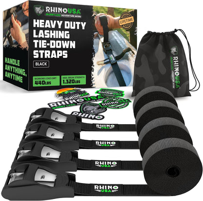 Rhino USA Lashing Straps (4-Pack) - Cam Buckle Tie Downs for Kayak, Cargo