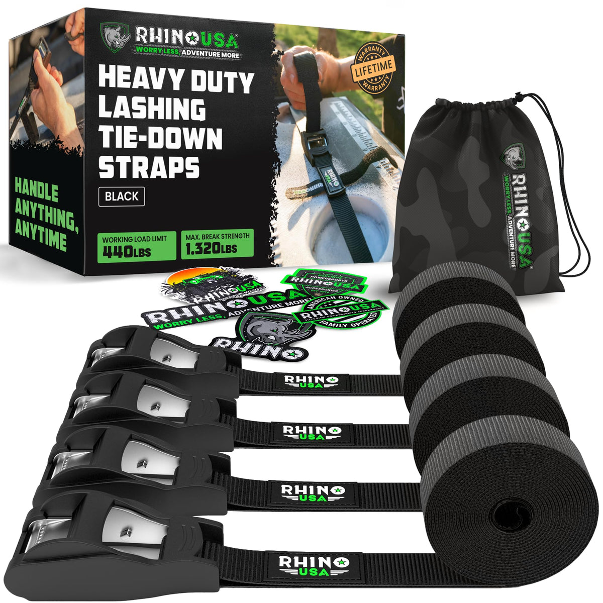 Rhino USA Lashing Straps (4-Pack) - Cam Buckle Tie Downs for Kayak, Cargo