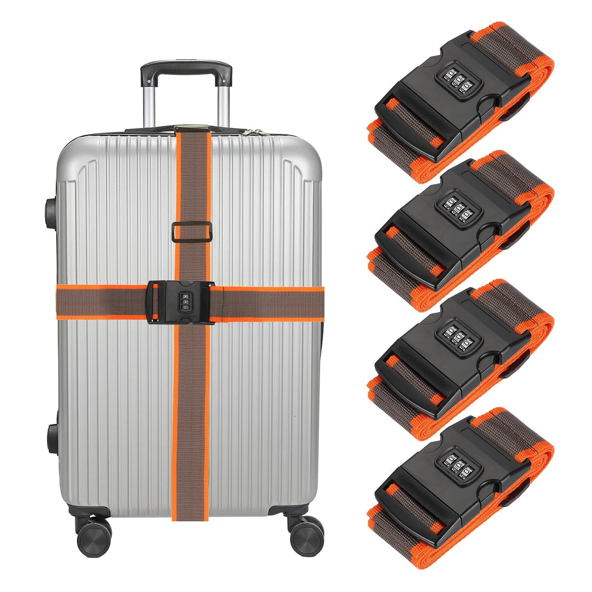 MECCANIXITY Luggage Straps with Combination Lock Adjustable Suitcase Belt Strap for Suitcase Briefcase Backpack Travel, Gray-Orange, Pack of 4