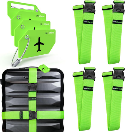 Untethered Travel Set: Luggage Straps & Silicone Tags, 4-Pack, Green