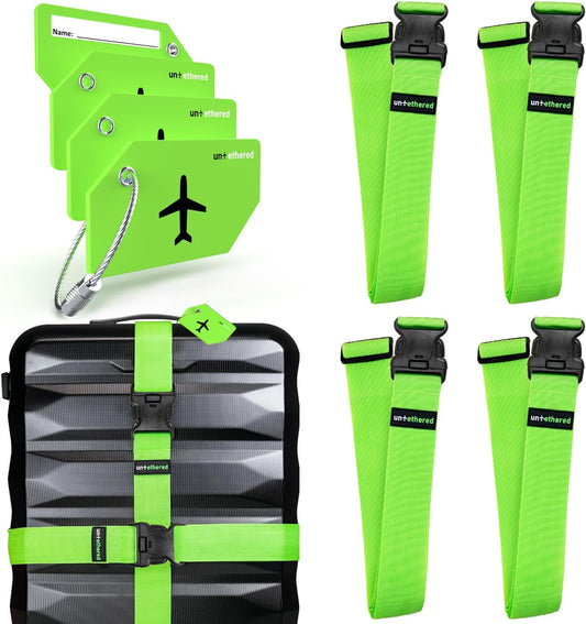 Untethered Travel Set: Luggage Straps & Silicone Tags, 4-Pack, Green