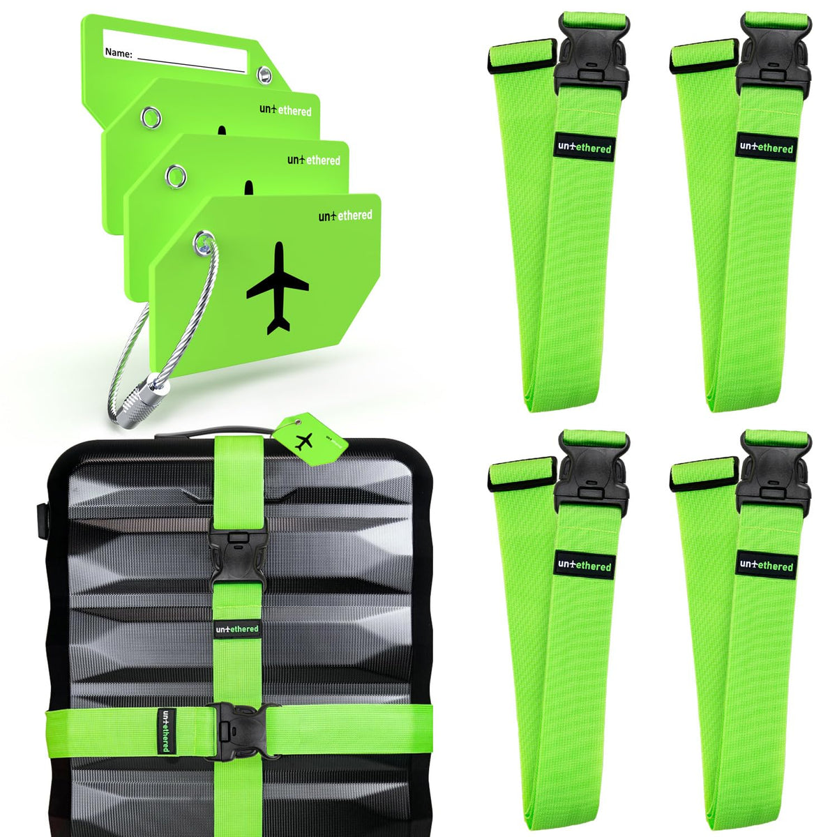 Untethered Travel Set: Luggage Straps & Silicone Tags, 4-Pack, Green