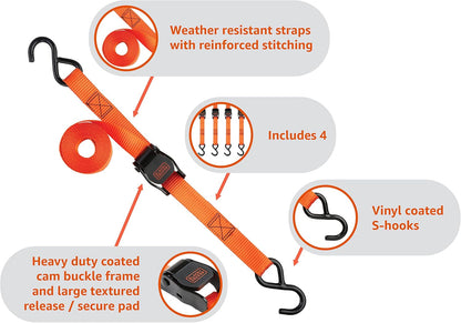BLACK+DECKER 1" x 10' Light-Duty Cambuckle Tie-Down Straps, 4-Pack