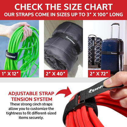 ENVISIONED Reusable Cinch Straps 2" x 40" - 6 Pack, Multipurpose Strong Gripping, Quality Hook and Loop Securing Straps (Black)