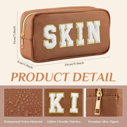 Preppy Makeup Bags Chenille Letter Stuff Bag Nylon Cosmetic Pouch Cases with Zipper for Women Travel Toiletry(Brown Set,Classic,4 Pcs)