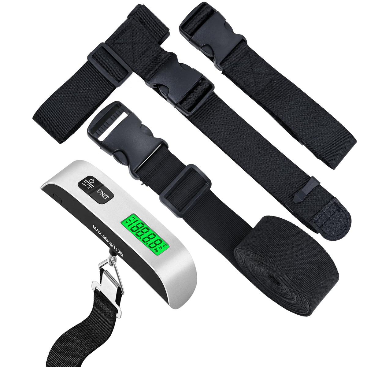 Luggage Straps for Suitcases - 4 pcs Travel Accessories, Heavy Duty Adjustable Suitcase Straps with Add a Bag Strap, Multi-Suitcase Luggage Connector Straps (Luggage Scale + 3 Pack Luggage Belt)