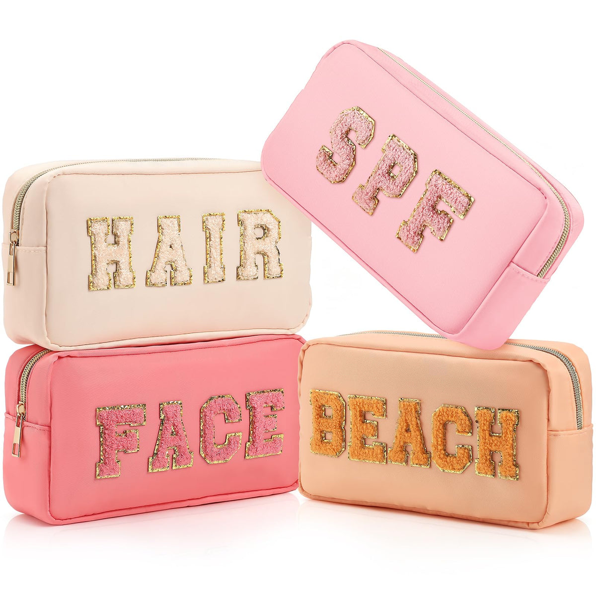 Preppy Makeup Bags Chenille Letter Stuff Bag Nylon Cosmetic Pouch Cases with Zipper for Women Travel Toiletry(Brown Set,Classic,4 Pcs)