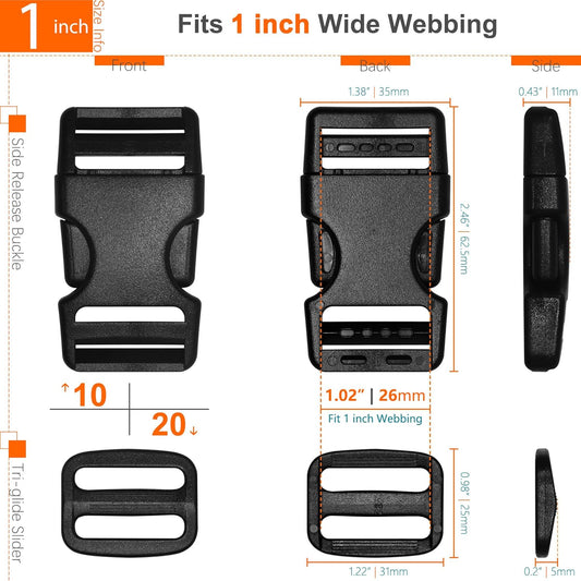 1 inch Straps and Buckles Set: 12 Yard Nylon Webbing Strap 1" Wide, 10 Pack Side Release Plastic Buckle, 20 pcs Tri-Glide Slide Clip, Heavy Duty Quick Snap Fastener Dual Adjustable No Sewing Required