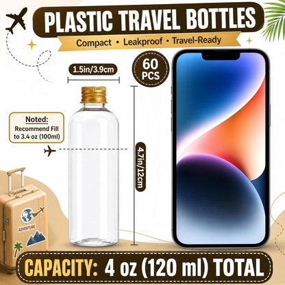 60 Pack 3.4 oz Leakproof Plastic Travel Bottles with Gold Screw Caps