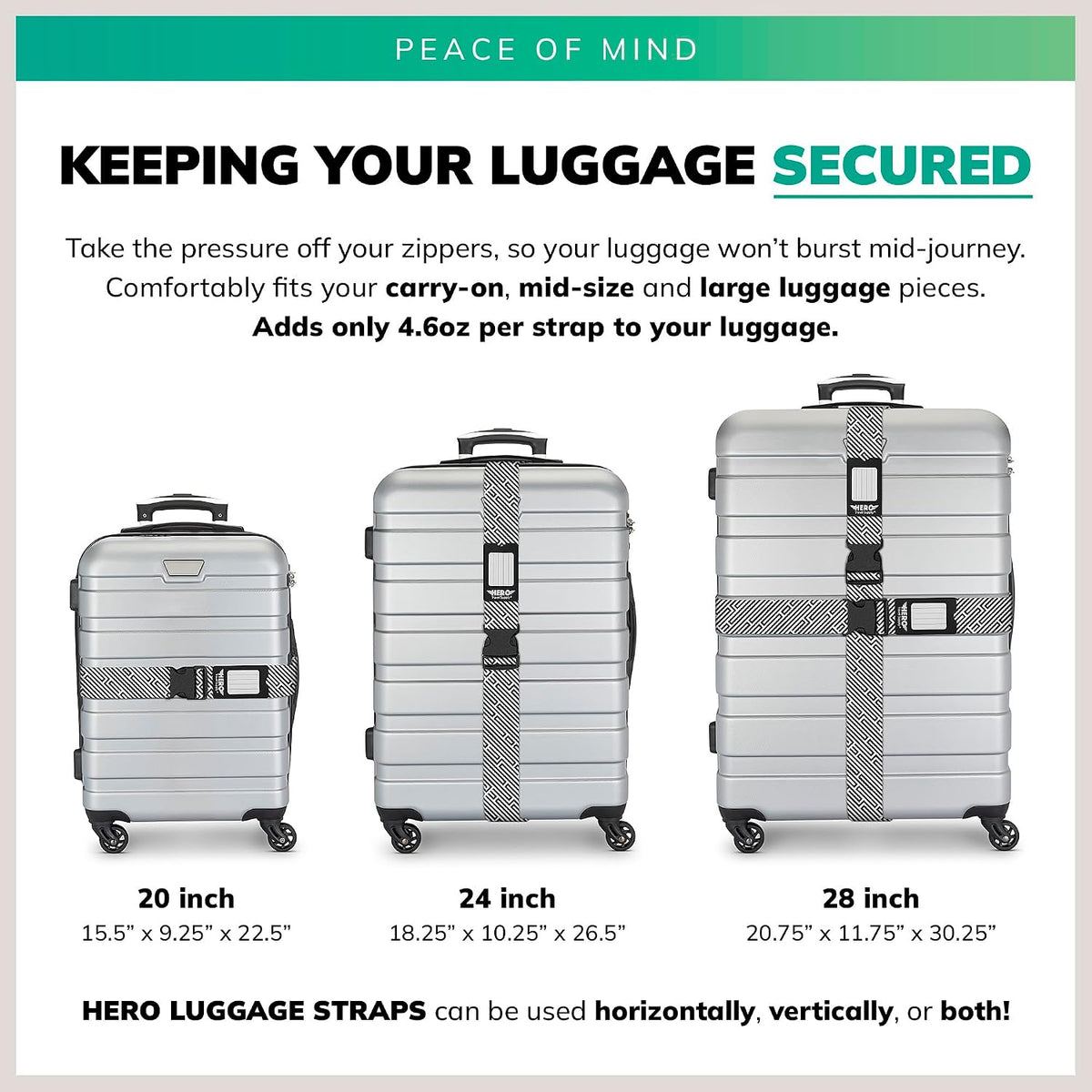 Hero Luggage Straps for Suitcases (2-Pack) Heavy-Duty Adjustable Luggage Belt with Duraflex Buckle & Built-in Luggage Tag – Checked Bag & Carry-on Travel Essentials