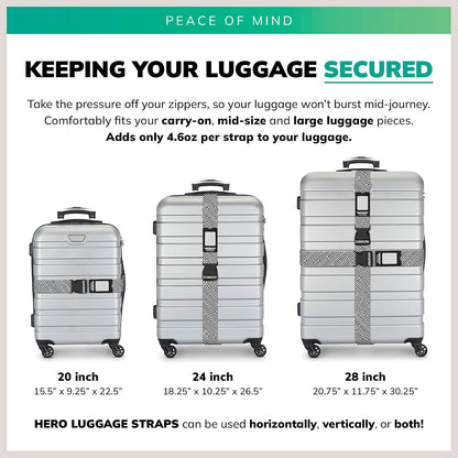 Hero Luggage Straps for Suitcases (2-Pack) Heavy-Duty Adjustable Luggage Belt with Duraflex Buckle & Built-in Luggage Tag – Checked Bag & Carry-on Travel Essentials