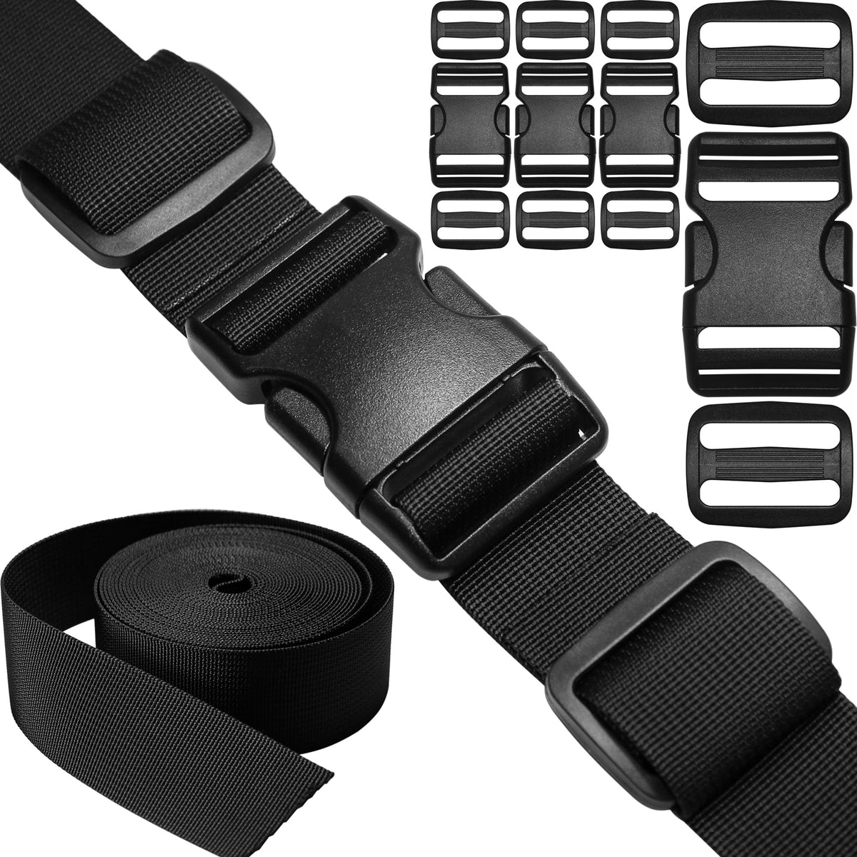 1 inch Straps and Buckles Set: 12 Yard Nylon Webbing Strap 1" Wide, 10 Pack Side Release Plastic Buckle, 20 pcs Tri-Glide Slide Clip, Heavy Duty Quick Snap Fastener Dual Adjustable No Sewing Required