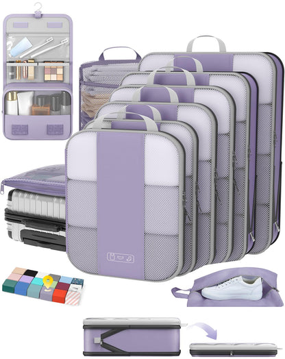 OlarHike 8 Set Compression Packing Cubes for Travel Gifts Mom Women,Airplane/Car/Cruise Travel Essentials,Compressible Expandable Space Saver Bags,Garment Bags with Over 1000 pcs Mesh Holes(Beige)