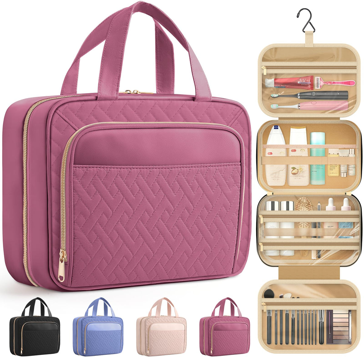 HOTOR Hanging Travel Toiletry Bag Women Men, Rosewood-Pink, Medium