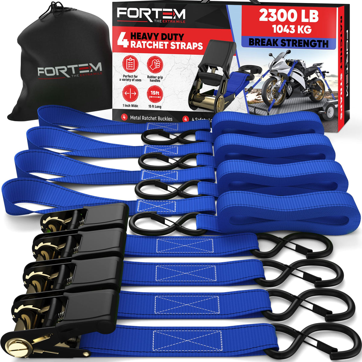 FORTEM Ratchet Straps - Tie Down Strap Set, 4 Pack, 1650lb Break Strength