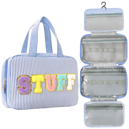 Toiletry Bag for Women Travel Water-resistant Cosmetic Bag Fashion Stripes Makeup Bag with Hanging Hook Preppy for Store Toiletries Cosmetic Accessories Medium Pink