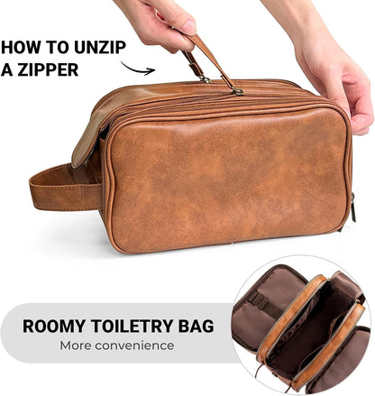 Elviros Toiletry Bag for Men PU Leather Shaving Dopp Kit (Large,Brown)