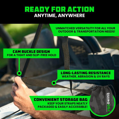 Rhino USA Lashing Straps (4-Pack) - Cam Buckle Tie Downs for Kayak, Cargo