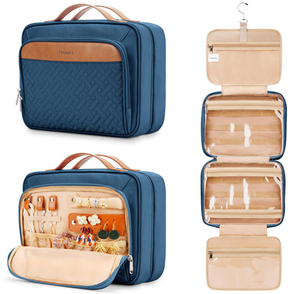 COOSKY Travel Hanging Toiletry Bag for Women, Cruise Ship Essentials, with Jewelry Organizer, Extra Large Makeup Dopp Kit, Waterproof Cosmetic Bags, Toiletries Kit Set with Trolley Belt, Blue