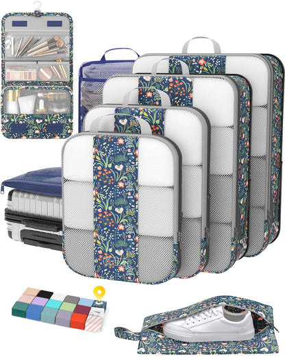 OlarHike 8 Set Compression Packing Cubes for Travel Gifts Mom Women,Airplane/Car/Cruise Travel Essentials,Compressible Expandable Space Saver Bags,Garment Bags with Over 1000 pcs Mesh Holes(Beige)