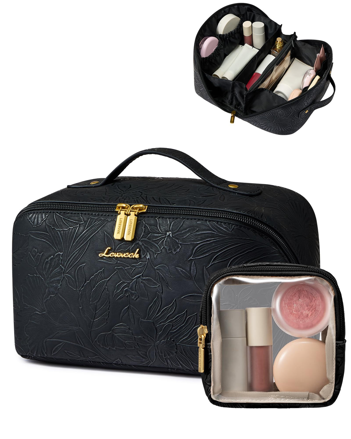 LOVEVOOK Travel Makeup Bag for Women, 2Pcs Large Capacity Cosmetic Organizer Bag, Waterproof PU Leather, Flat Open Portable Small Toiletry Pouch for Skincare, Brushes