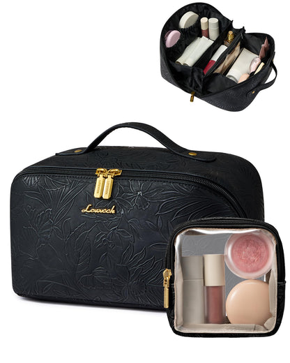 LOVEVOOK Travel Makeup Bag for Women, 2Pcs Large Capacity Cosmetic Organizer Bag, Waterproof PU Leather, Flat Open Portable Small Toiletry Pouch for Skincare, Brushes