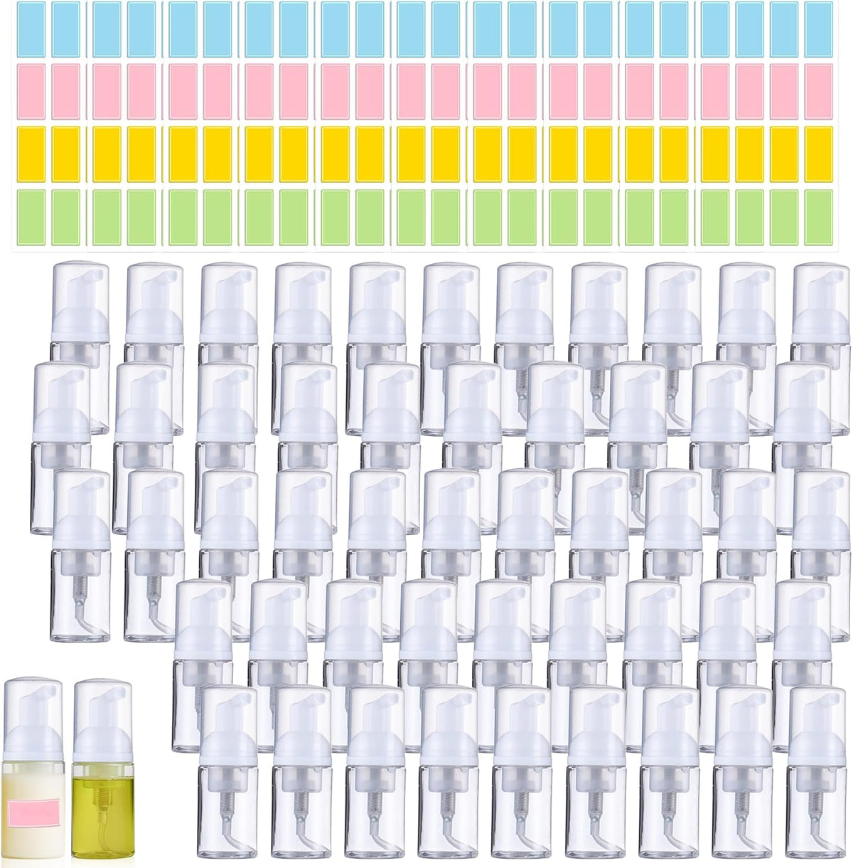 50 Pcs Foam Pump Bottle 1 oz Small Size Mousse Foam Soap Dispenser,Clear Plastic Empty Refillable Mini Foam Pump Bottle for Face Wash Shampoo Skin Care with 160 Labels（30 ml）
