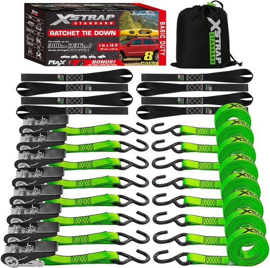 XSTRAP STANDARD 8 PK Ratchet Straps 1"x14ft Tie Down with Soft Loops, Green