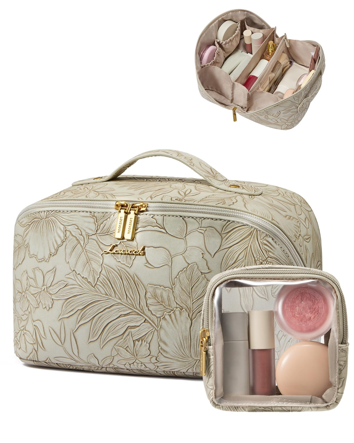 LOVEVOOK Travel Makeup Bag for Women, 2Pcs Large Capacity Cosmetic Organizer Bag, Waterproof PU Leather, Flat Open Portable Small Toiletry Pouch for Skincare, Brushes