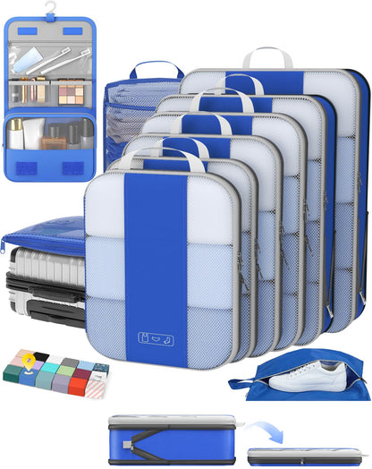 OlarHike 8 Set Compression Packing Cubes for Travel Gifts Mom Women,Airplane/Car/Cruise Travel Essentials,Compressible Expandable Space Saver Bags,Garment Bags with Over 1000 pcs Mesh Holes(Beige)
